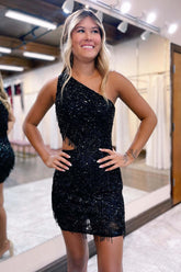 Bodycon One Shoulder Black Sequins Short Homecoming Dress with Tassel